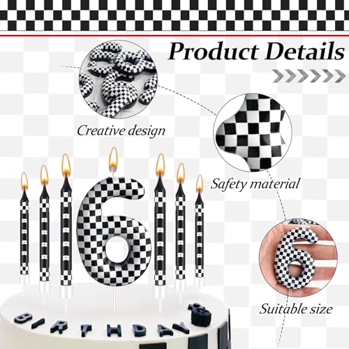 13 Pcs Racing Cars Themed Birthday Candles 12 Black and White Race Number 6 Checkered Candle Cake Topper for Racing Car Party Decoration Supplies (Black+White / 6)