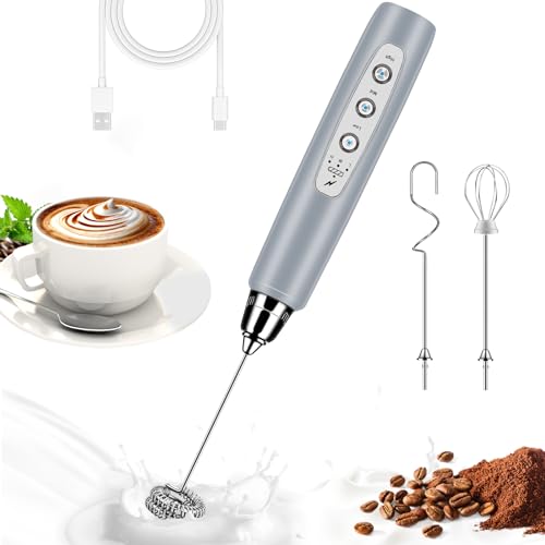 Milk Frother Wand Rechargeable Handheld Whisk Coffee 3 Speed Adjustable (Basic Frother / Cement Gray)