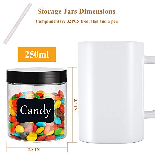 Plastic Jars with Lids Empty Slime Cosmetics Containers Clear Gift Food Jars Round PET Cream Jar with Black Lids Pen Labels for Kitchen Storage Spices Dry Food Body Butter Making (8OZ,32PCS)