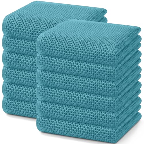 100% Cotton Waffle Weave Kitchen Dish Towels 12 (Lake Blue / 13 X 28 - 12 Pack)