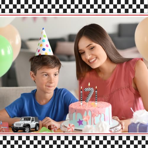 13 Pcs Racing Cars Themed Birthday Candles Black and White Race Number 7 Checkered Candle Cake Topper for Racing Car Party Decoration Supplies (Black+White / 7)