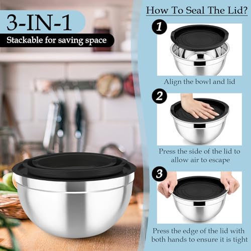 Mixing Bowls Stainless Steel Nesting Salad Bowls Set (Black / Airtight Lids)