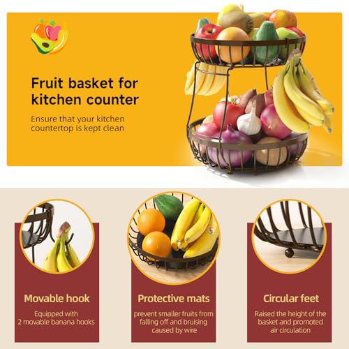 2 Tier Fruit Bowl for Kitchen Counter with Banana Hangers (Brown / 2 Tier)
