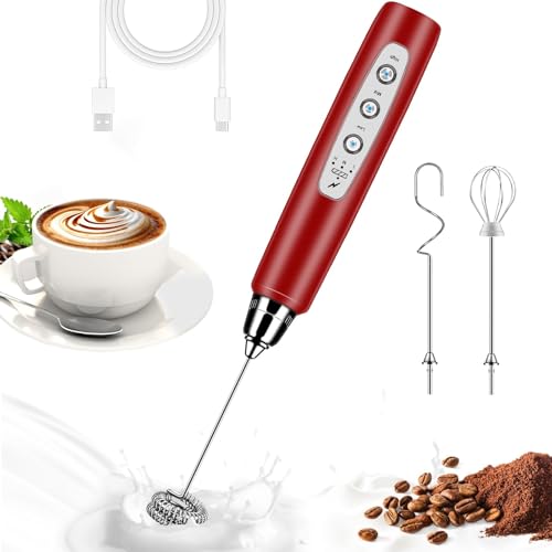 Milk Frother Wand Rechargeable Handheld Whisk Coffee 3 Speed Adjustable (Basic Frother / Red)