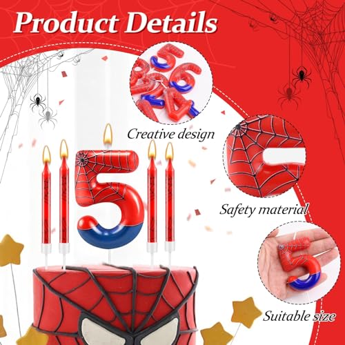 13 Pcs Spider Themed Birthday Candle Set Red Spider Theme Number 5 Candle Cake Topper for Boys Girls Birthday Decoration Spider Party Decoration Supplies (Red+Blue / 5)