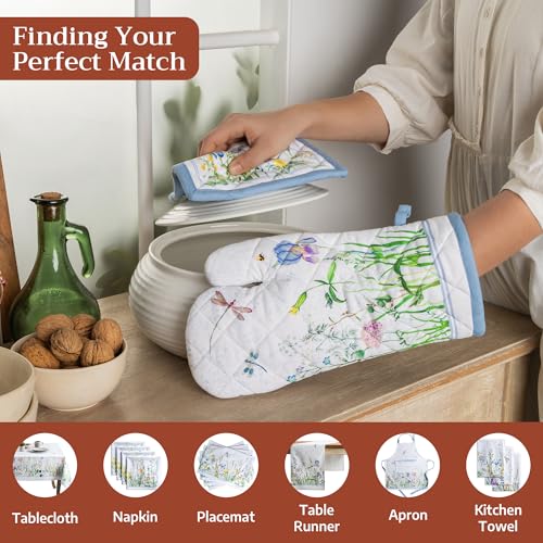 100% Cotton Oven Mitt & Pot Holder Set (012 - Fleurs De Mai / 7.5" x 13" & 8" x 8" (Oven Mitt & Pot Holder))