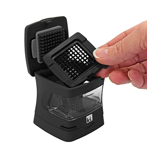 Garlic-A-Peel Garlic Press, Crusher, Cutter, Mincer, and Storage Container - Includes Silicone Garlic Peeler - Easy to Clean - Stainless Steel Blades – (Black), standard (3 x 3 x 2.8 / Black)