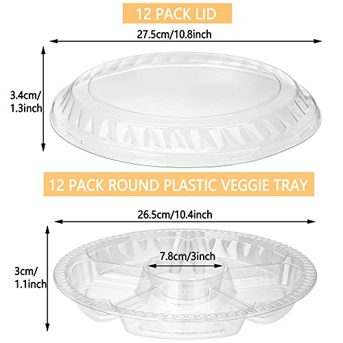 12 Pack Round Plastic Veggie Tray with Lid Fruit Tray 6 Divided Compartment Container Food Serving Dip Platter Reusable Catering Trays for Veggie Fruit Snack Party and Buffet Trays（Clear (Clear / 10inch)