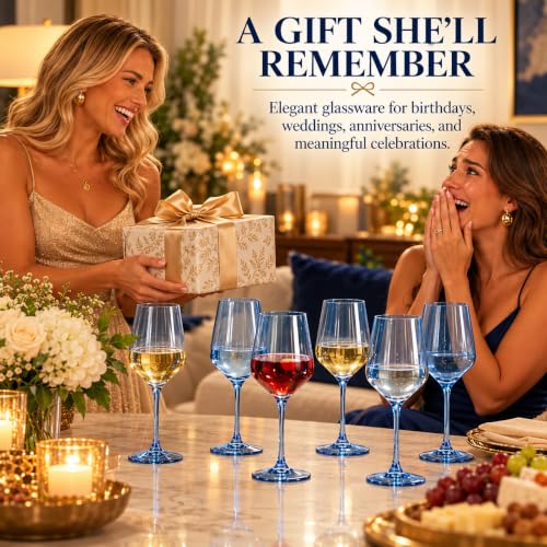 Blue Wine Glasses Set of 6 Cobalt Blue 14oz Birthday Gift for Her Women Blush Colored Tall Stemmed Unique Wine Glasses Colored Glassware Set Elegant Tableware for Parties Wedding Anniversary Home Bar (Cobalt Blue)