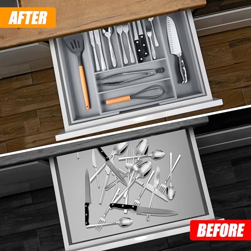 Kitchen Silverware Drawer Organizer and Storage Cabinet Utensil Rack Bathroom Counter Vanity Extra Large Big Cooking Drawer Organizers Countertop Pantry Storage Cabinet Best Kitchen Must Haves 2025 (Gray / 9 Slots Expandable)