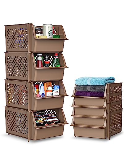 Stackable Storage Bins Open Front for Pantry Storage (4 Pack / Brown)