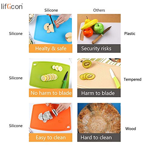 Silicone Thick Cutting Boards Mats Set of 3pcs Foldable & Flexible Design Juice Grooves Easy Grip Handle Dishwasher Safe for Kitchen (9.1"L x 7.1"W, 12.6"L x 9.1"W & 14.6"L x 10.4"W / Yellow)