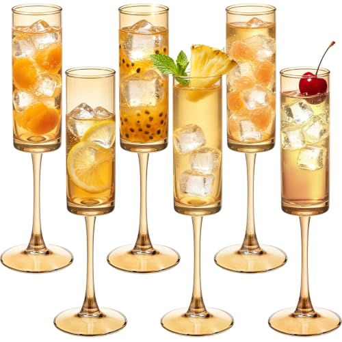 6 Pieces Amber Champagne Flutes 6 OZ Straight Sided Wine Glasses Champagne Long Stem Drinking Colored Glasses (Amber / 6 PCS)