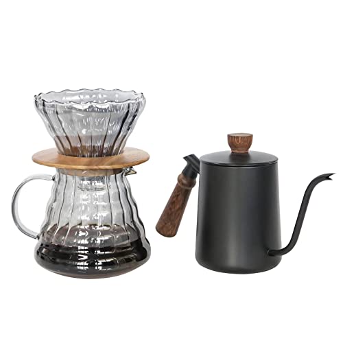 Pour Over Coffee Maker Set with Black Gooseneck Kettle Wooden Storage Tray Coffee Dripper Glass Server Coffee Scoop DIY Manual Coffee Maker Set (coffee maker set)