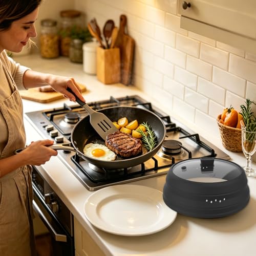 Microwave Splatter Cover Glass Cover Guard Lid with Collapsible Silicone for Food Pot Plate Cover 10.8 inch Black (BLACK / 10.8 inch)