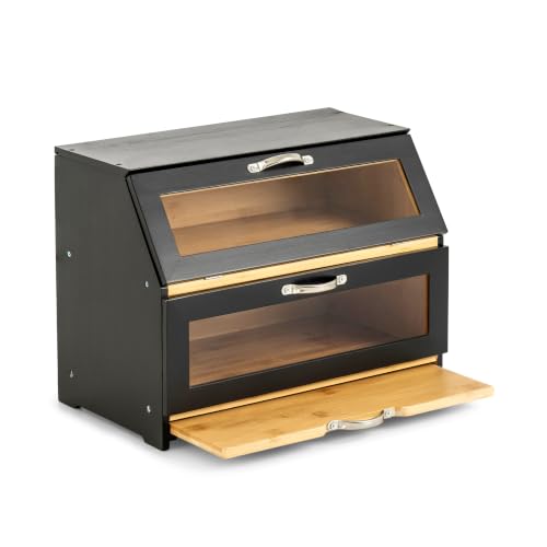 Large 2 Tier Black Bread Box for Countertop with Cutting Board (Black Bamboo)