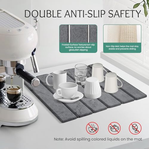 Stone Dish Drying Mat Collapsible Diatomaceous Earth Absorbent Mat Quick Dish Drying Pad Dish Rack Pad Match Any Counter to Multiple Usage for Kitchen (Dark-Gray Marble Pattern / 16" x 12")