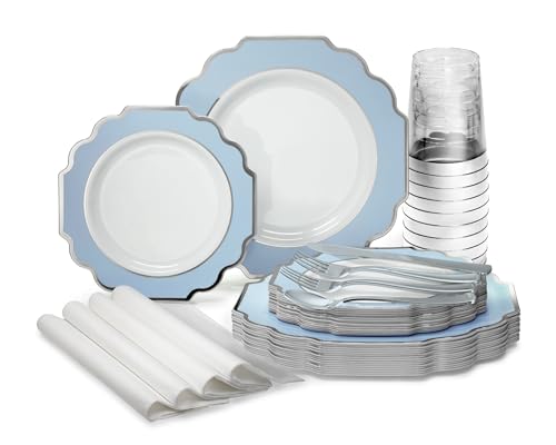 OCCASIONS Disposable Plastic Plates for 40 Guests (320 Piece (40 Guest) / D. Imperial Blue & Silver)