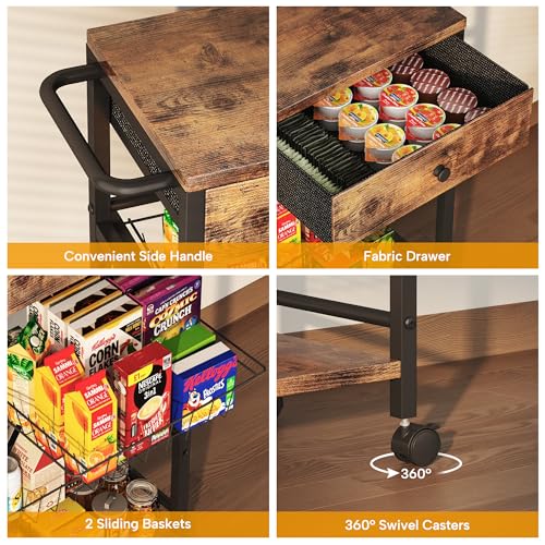 Kitchen Organizer and Storage Cart with Fabric Drawer and Convenient Handle (4 Tier with Drawer)