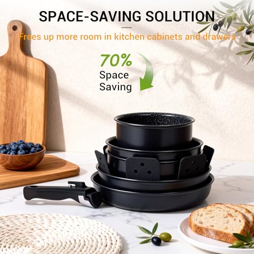 21 Piece Ceramic Pots and Pans Set Non Stick with Detachable Handles and Egg Frying Pan (Egg Pan Set)