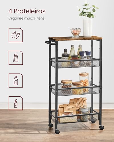 4 Tier Slim Rolling Storage cart with Wheels (Rustic Brown + Classic Black / 4 Tiers (8.7"D x 30.3"H))