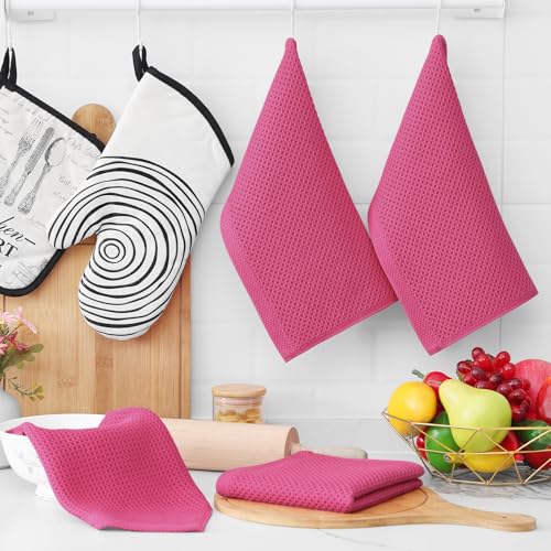 100% Cotton Waffle Weave Kitchen Dish Cloths 6 (Hot Pink / 12 X 12 - 6 Pack)