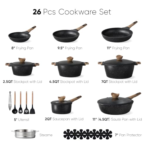 26pcs Non Stick Pots and Pans Set (Black / 26 Piece)