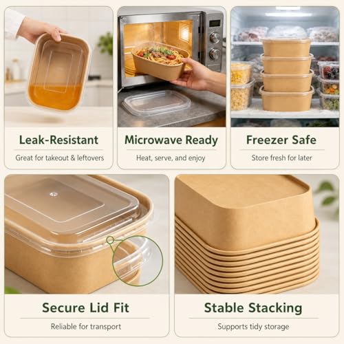 50 Disposable Food Prep Containers 35oz Kraft Paper Bowls with Lids & Forks (35oz 50 Count / kraft Paper Rectangular)