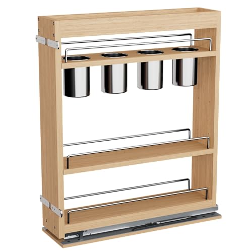 Pull Out Spice Rack Cabinet Organizer (5"W x 21.9"D x 25.2"H / Wood+Stainless Steel)