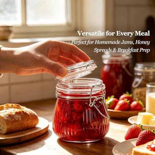 Small Ribbed Glass Jars with Airtight Lids 17 oz 6 Pack Wide Mouth (17 fl oz x 6 - Ribbed)