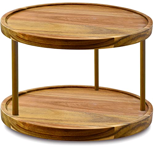 14" Two Tier Acacia Wood Lazy Susan Organizer Kitchen Turntable for Cabinet Pantry Table Organization (Acacia Two Tier / 14")