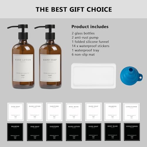 Amber Glass Soap Dispenser (Amber Bottle/Black Pump + Tray)