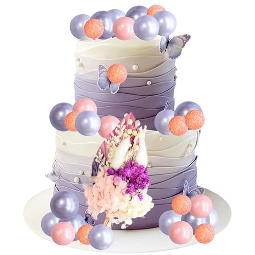 21 Pack Flower Boho Cake Topper Ball Cake Decorations Palm Leaves Plants Cake Decor for Girl Bohemian Princess Theme Wedding Baby Shower Birthday Party Supplies Pink Purple (Pink Purple)