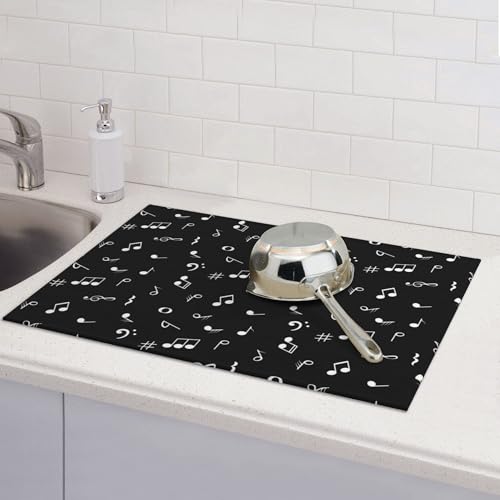 Musicial Kitchen Drying Mat Music Notes Microfiber Dish Drainer Mat for Kitchen Counter Absorbent Reusable Washable 18x24 Inch Black (Music Notes / 18 x 24 inch)