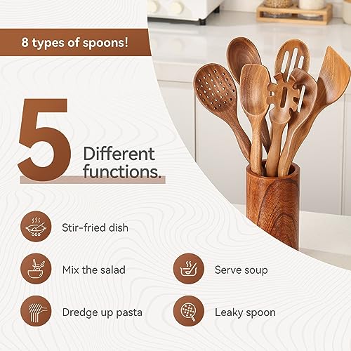 Kitchen 10PCS Teak Wooden Utensils Set With Holder and Spoon Rest (10 Pcs Spoons with Utensils Holder)