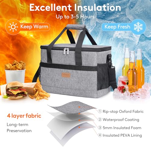 Cooler Bag 30 Cans Collapsible and Insulated Large Lunch Bag Leakproof Soft Cooler Portable for Camping (30-Can(20L) / Gray)