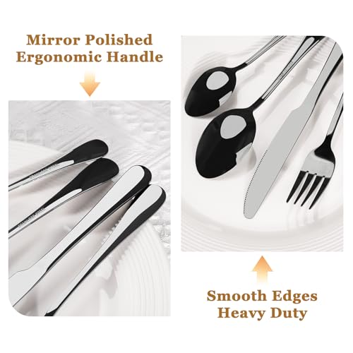 24 Piece Black Silverware Set with Steak Knives Flatware Set for 4 Food (24 PCS / Elegant Black Pro)