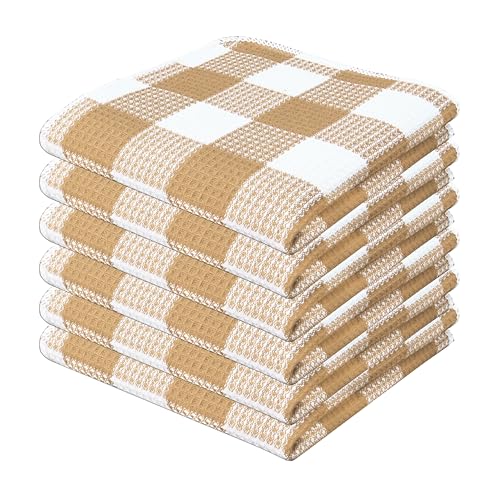 Waffle Weave Plaid Dish Cloth (12 x 12 - 6 Pack / Beige White)