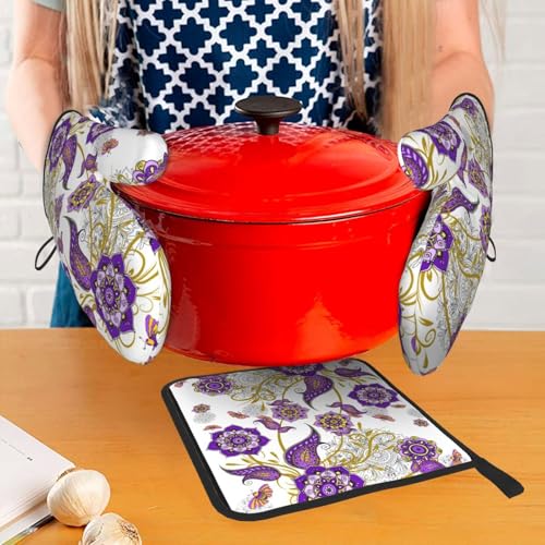 Purple Flower Oven Mitts and Pot Holders Sets of 3 Kitchen Decor (Purple Flower)