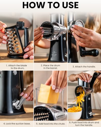 Rotary Cheese Grater Manual Hand Crank 5 Blade Shredder (5 Blades / Black)