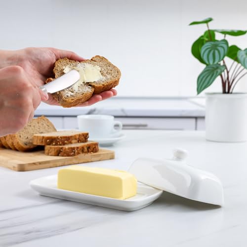 Ceramic Butter Dish with Lid For Countertop & Stainless Steel Knife (White)