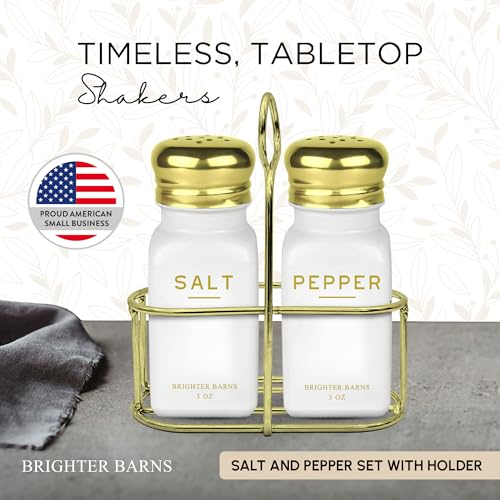 Luxury Salt and Pepper Shakers Set with Holder by Brighter Barns (White/Gold)
