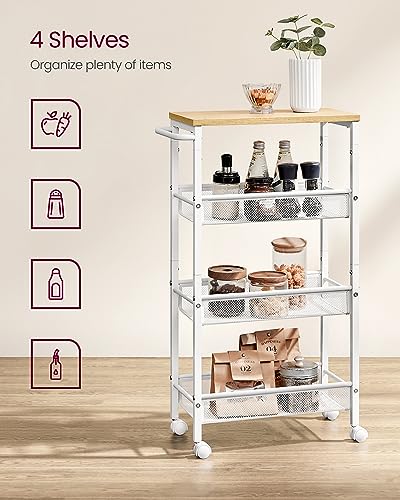 4 Tier Slim Rolling Storage cart with Wheels (Oak Beige + Classic White / 4 Tiers (8.7"D x 30.3"H))
