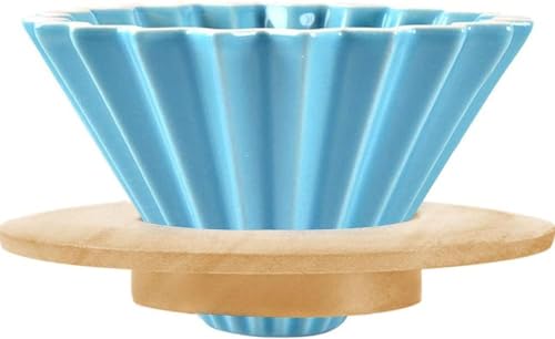 Ceramic Coffee Dripper Pour Over Coffee Maker with Wood Stand Elegant Flower Shape Filter (blue)