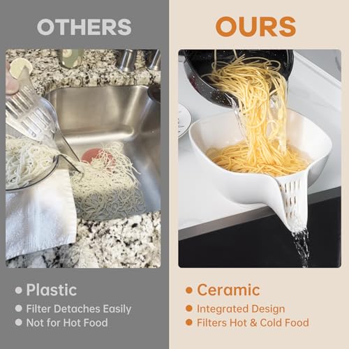 Multifunctional Ceramic Food Strainer with Integrated Drain Spout (White)
