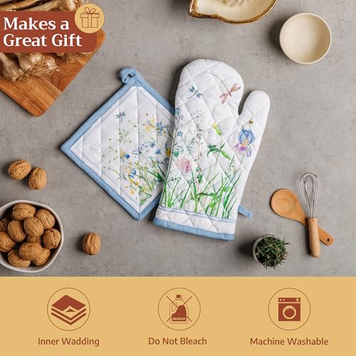 100% Cotton Oven Mitt & Pot Holder Set (012 - Fleurs De Mai / 7.5" x 13" & 8" x 8" (Oven Mitt & Pot Holder))