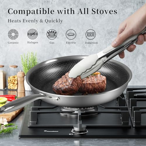Stainless Steel Frying Pan Nonstick Frying Pan with Lid 10 Inch Honeycomb Stainless Steel Skillet Woks Pan for Gas Electric Induction Ceramic Stoves and Oven (10 Inch)