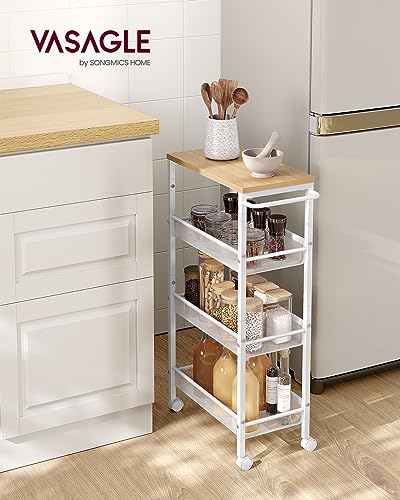 4 Tier Slim Rolling Storage cart with Wheels (Oak Beige + Classic White / 4 Tiers (8.7"D x 30.3"H))