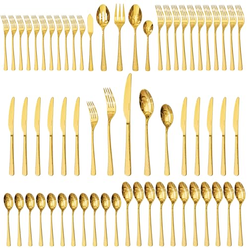 65 Piece Gold Silverware Set with Serving Utensils (65-Piece / Gold)