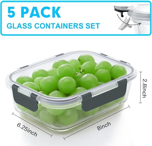 5 PACK 36 OZ Glass Meal Prep Containers Set with Lids (Grey)